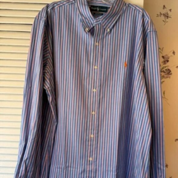 NWOT Ralph Lauren Custom Fit Blue & Orange Stripe Button Down in XXL - Picture 1 of 5